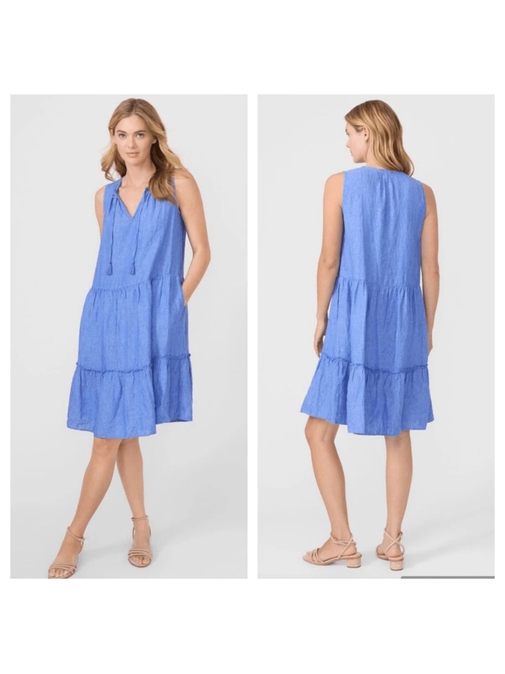 J.Mclaughlin Christa 100% Linen tiered sleeveless Dress Size large blue